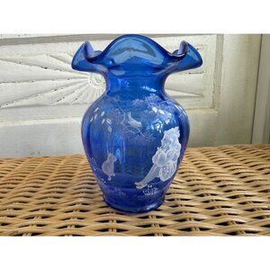 Vintage 90's Fenton Ruffle Cobal Blue Glass Vase Mary Gregory Girl Cat Bird